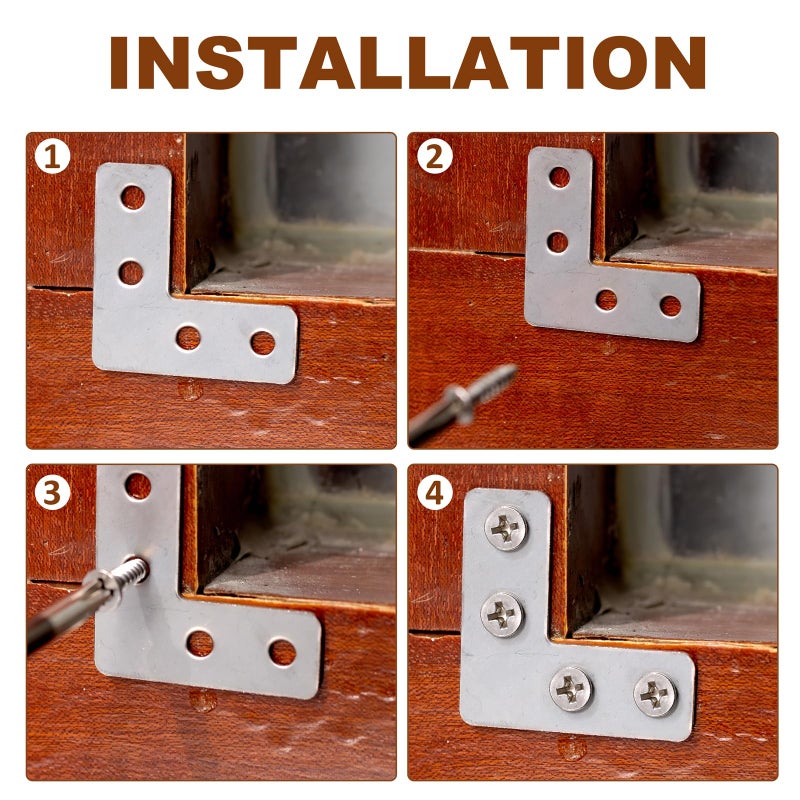 Pxyelec Flat L Shape Corner Brace, 4 Holes Angle Plate Bracket for Wooden Furniture Repair Connector Fixing, 40x40mm (1.57x1.57 inch) 20 Pack, Stainless Steel Silver Plated Joint Fixture Protector - Image 4